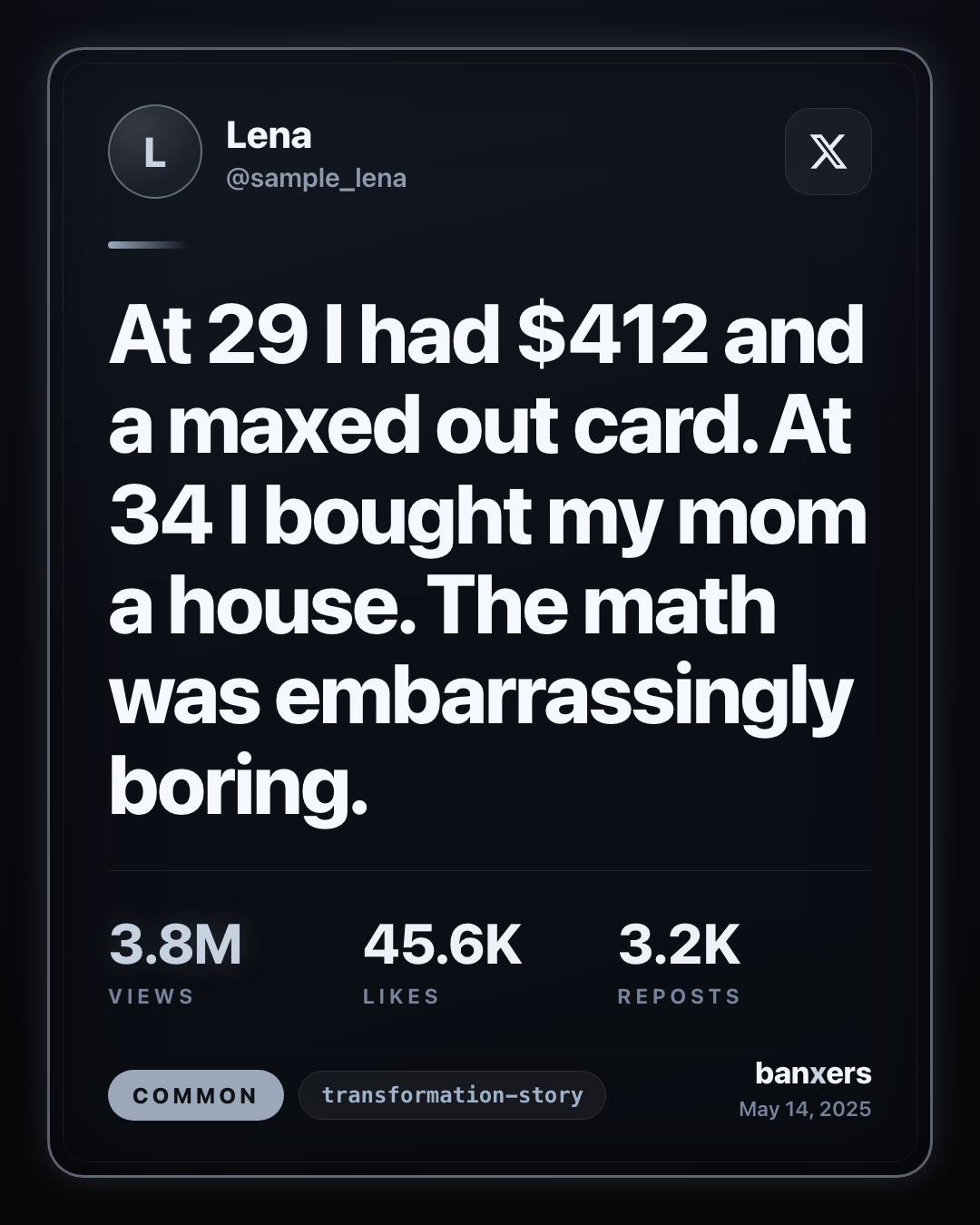 At 29 I had $412 and a maxed out card. At 34 I bought my mom a house. The math was embarrassingly boring. by Lena
