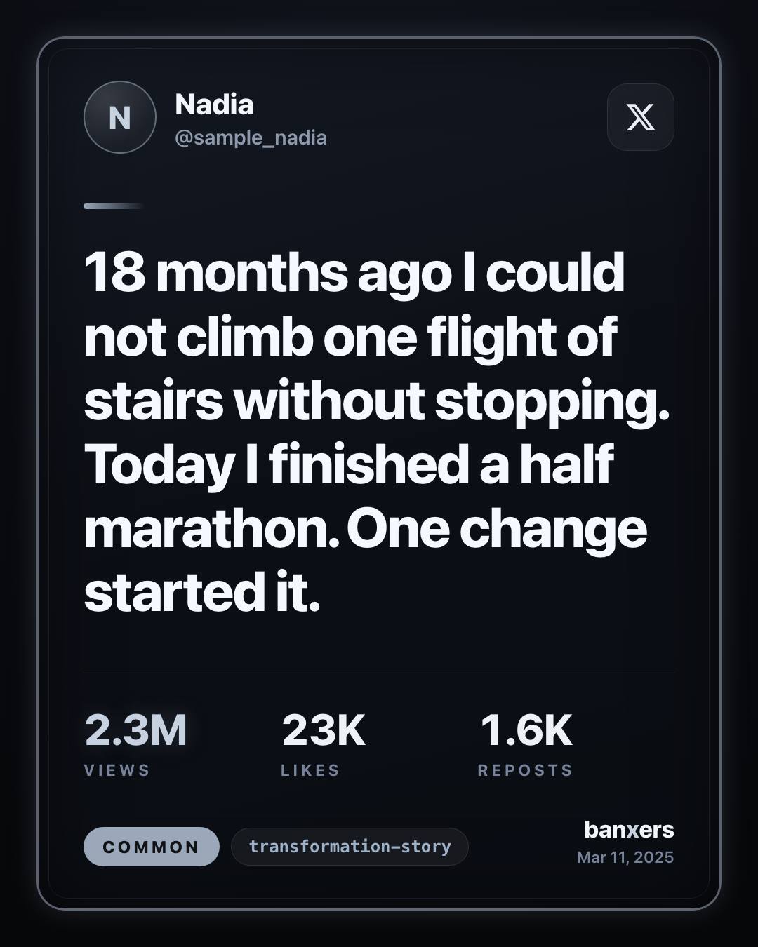 18 months ago I could not climb one flight of stairs without stopping. Today I finished a half marathon. One change started it. by Nadia
